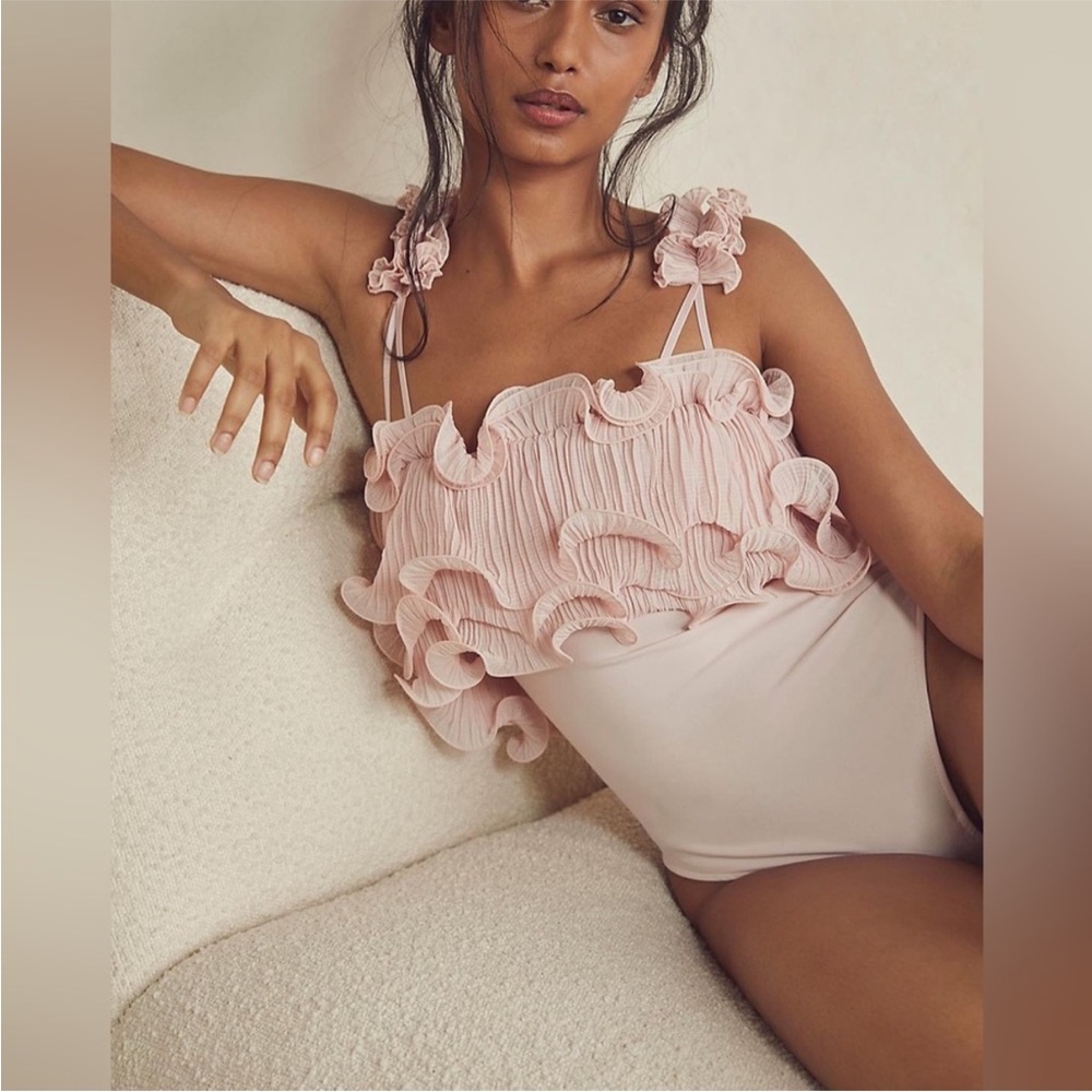 Free People Light Pink Ruffle Bodysuit